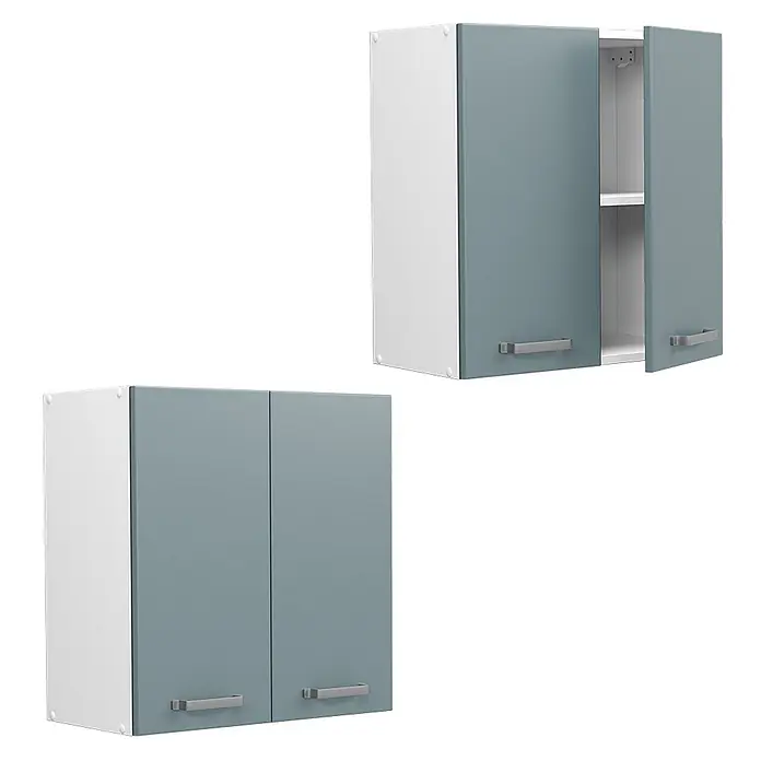 Vicco Schrankküche R-Line Blau-Grau - Blau-Grau, Hängeschrank 60 cm - Zwei Wandküchenschränke. Einer offen, einer geschlossen, mit graublauen Türen, weißem Korpus und silbernen Griffen.