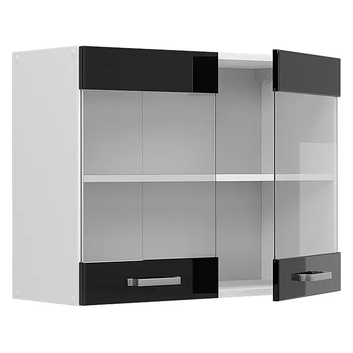 Vicco Schrankküche R-Line Schwarz Hochglanz - Schwarz Hochglanz, Hängeglasschrank 80 cm - Weißer Wandschrank mit zwei schwarzen Hochglanz- und Glastüren, einem Regal und Metallgriffen. Eine Tür leicht geöffnet.