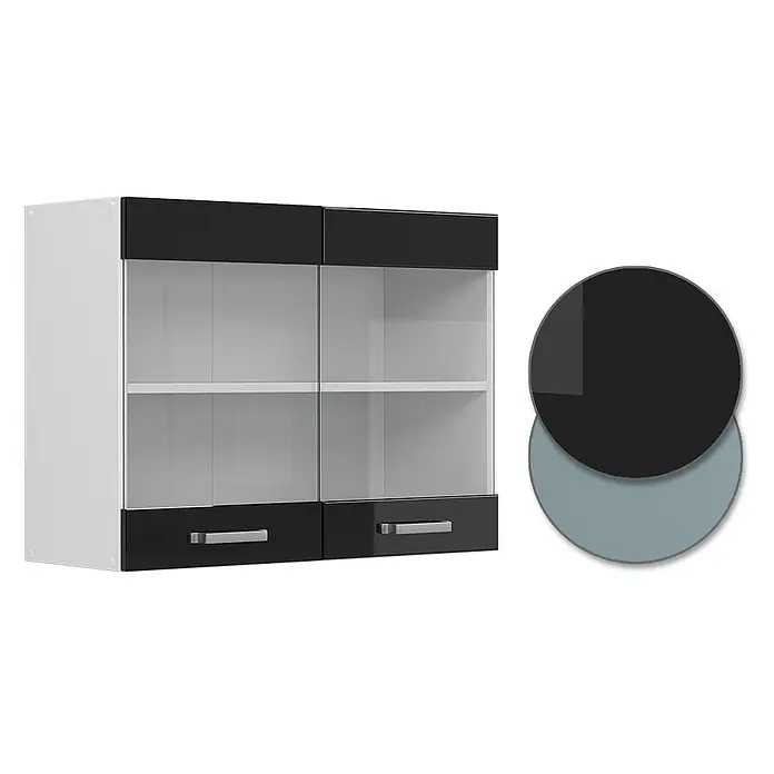 Vicco Schrankküche R-Line Schwarz Hochglanz - Schwarz Hochglanz, Hängeglasschrank 80 cm - Weißer Wandschrank mit zwei Glastüren, schwarzen Blenden und silbernen Griffen für Küche oder Aufbewahrung.