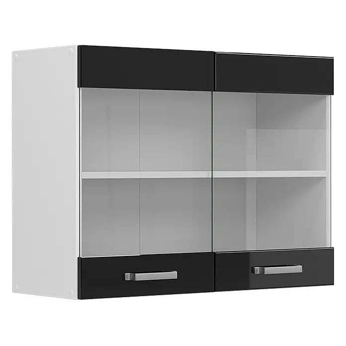 Vicco Schrankküche R-Line Schwarz Hochglanz - Schwarz Hochglanz, Hängeglasschrank 80 cm - Weiß-schwarzer Hängeschrank mit zwei Glasfächern, Innenböden und zwei unteren Schubladen mit silbernen Griffen.