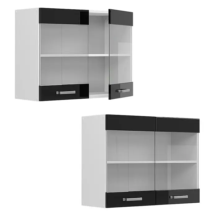 Vicco Schrankküche R-Line Schwarz Hochglanz - Schwarz Hochglanz, Hängeglasschrank 80 cm - Zwei weiße Hängeschränke mit glänzenden schwarzen Ober- und Unterteilen, Glastüren und silbernen Griffen. Ein Schrank hat eine offene Tür und Schublade.
