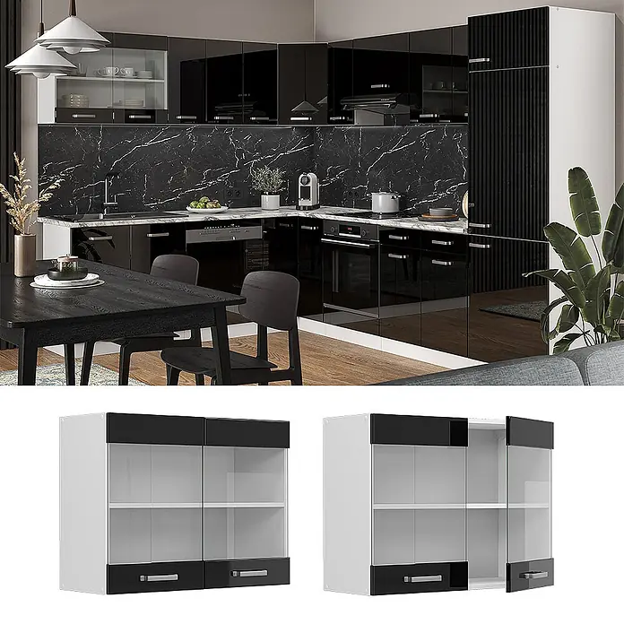 Vicco Schrankküche R-Line Schwarz Hochglanz - Schwarz Hochglanz, Hängeglasschrank 80 cm - Weißer Küchenhängeschrank mit schwarzer Oberseite, Glastüren und schwarzen Schubladen. Ideal für moderne Küchenaufbewahrung.