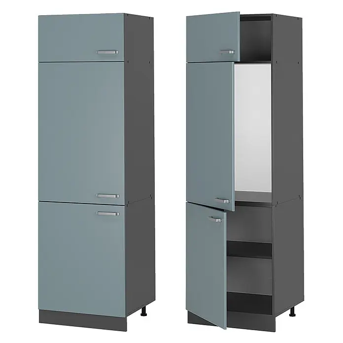 Vicco Schrankküche R-Line Blau-Grau - Blau-Grau, Kühlumbauschrank - Hoher staubblauer und dunkelgrauer Aufbewahrungsschrank mit mehreren Fächern, geschlossen und offen mit Regalen gezeigt.