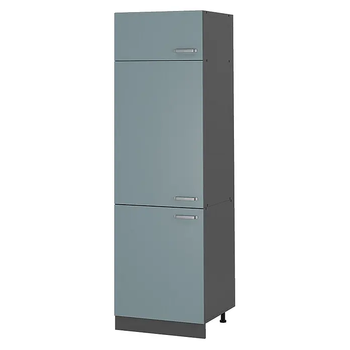 Vicco Schrankküche R-Line Blau-Grau - Blau-Grau, Kühlumbauschrank - Hoher hellblau-grauer Hochschrank mit drei Türen und silbernen Griffen, dunkelgrauen Seiten und Sockel.