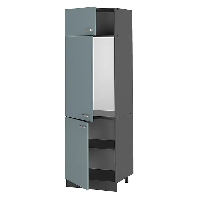 Vicco Schrankküche R-Line Blau-Grau - Blau-Grau, Kühlumbauschrank - Hoher dunkelgrauer Schrank mit drei leicht geöffneten petrolblauen Türen und silbernen Griffen, mit offenen Fächern.