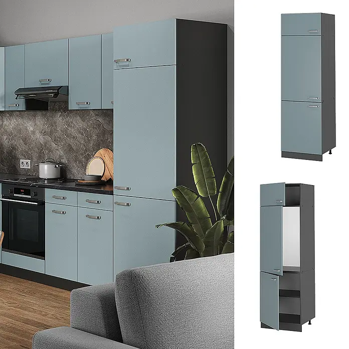 Vicco Schrankküche R-Line Blau-Grau - Blau-Grau, Kühlumbauschrank - Moderne blau-graue Küchenschrankzeile mit einem Hochschrank, ideal für Einbaugeräte oder Stauraum.