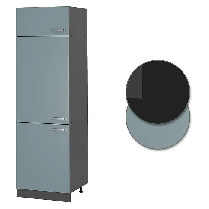Vicco Schrankküche R-Line Blau-Grau - Blau-Grau, Kühlumbauschrank - Hoher Modulschrank mit hellblaugrauen Türen und dunkelgrauem Korpus zur Aufbewahrung.