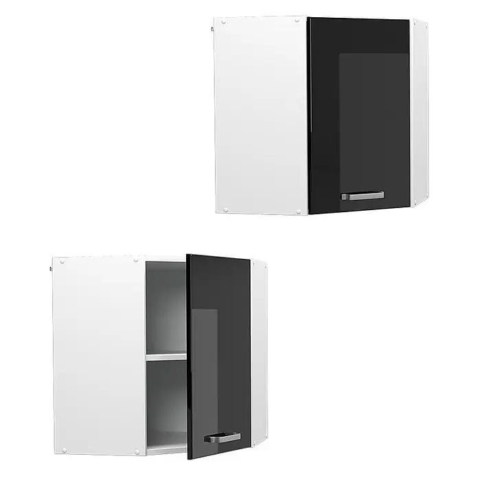 Vicco Schrankküche R-Line Schwarz Hochglanz - Schwarz Hochglanz, Eckhängeschrank 57 cm - Weißer Eck-Wandschrank mit schwarzer Hochglanztür und silbernem Griff, geschlossen und offen mit Regalen.