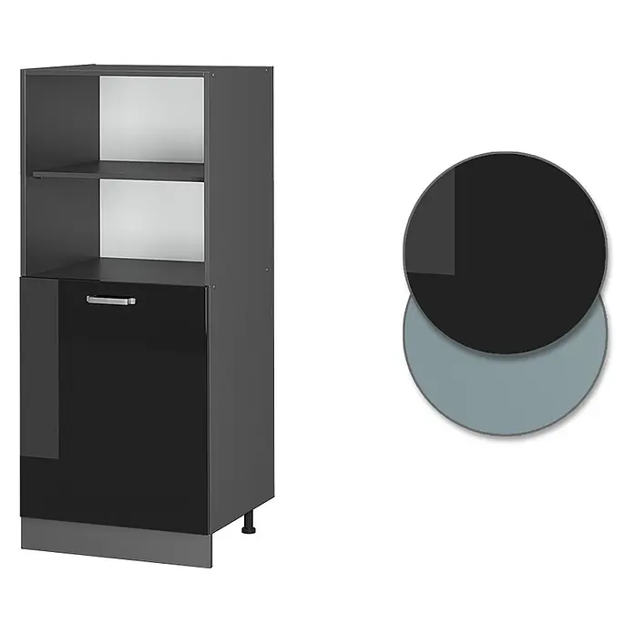 Vicco Schrankküche R-Line Schwarz Hochglanz - Schwarz Hochglanz, Backofenumbauschrank 60 cm (halb) - Anthrazitfarbener Küchenschrank mit offenen Regalen und einer hochglänzenden schwarzen Tür.