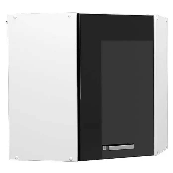 Vicco Schrankküche R-Line Schwarz Hochglanz - Schwarz Hochglanz, Eckhängeschrank 57 cm - Zweifarbiger Eck-Hängeschrank mit weißer Seite und schwarzer Hochglanztür mit silbernem Griff.