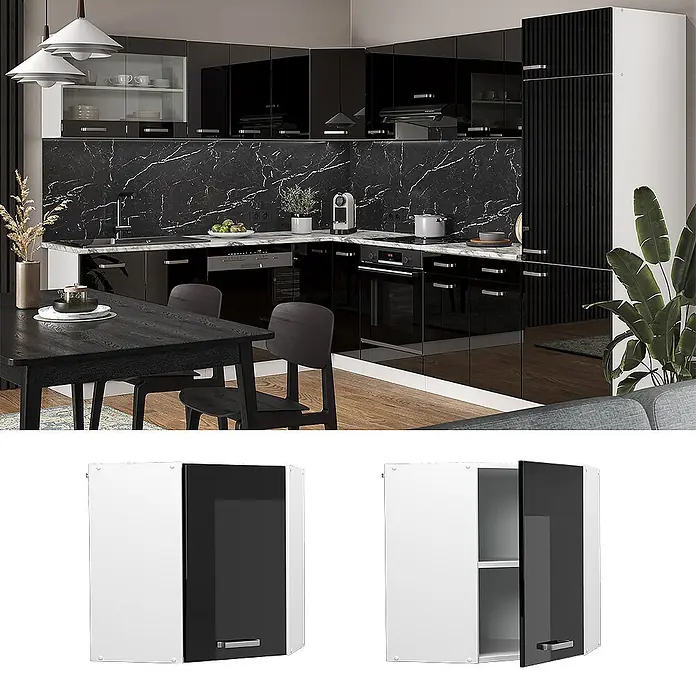Vicco Schrankküche R-Line Schwarz Hochglanz - Schwarz Hochglanz, Eckhängeschrank 57 cm - Glänzender schwarz-weißer Eck-Hängeschrank mit schwarzer Tür und weißer Seite, in einer modernen Küche und im Detail gezeigt.