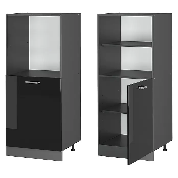 Vicco Schrankküche R-Line Schwarz Hochglanz - Schwarz Hochglanz, Backofenumbauschrank 60 cm (halb) - Zwei dunkelgraue Küchenschränke. Einer mit offenem Oberteil und schwarzer Hochglanztür, der andere mit Regalen und teilweise geöffneter Hochglanztür.
