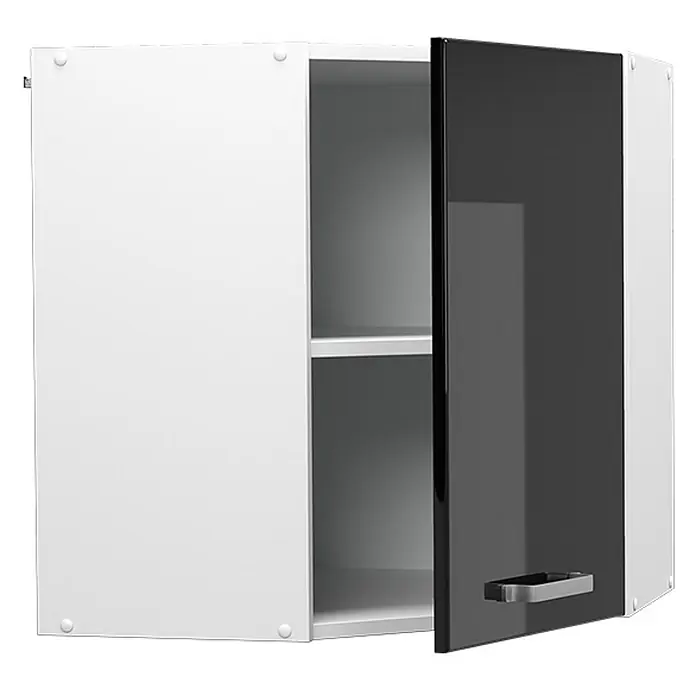 Vicco Schrankküche R-Line Schwarz Hochglanz - Schwarz Hochglanz, Eckhängeschrank 57 cm - Moderner Eck-Hängeschrank mit einer weißen und einer glänzend schwarzen Tür, Griff und Innenfächern.