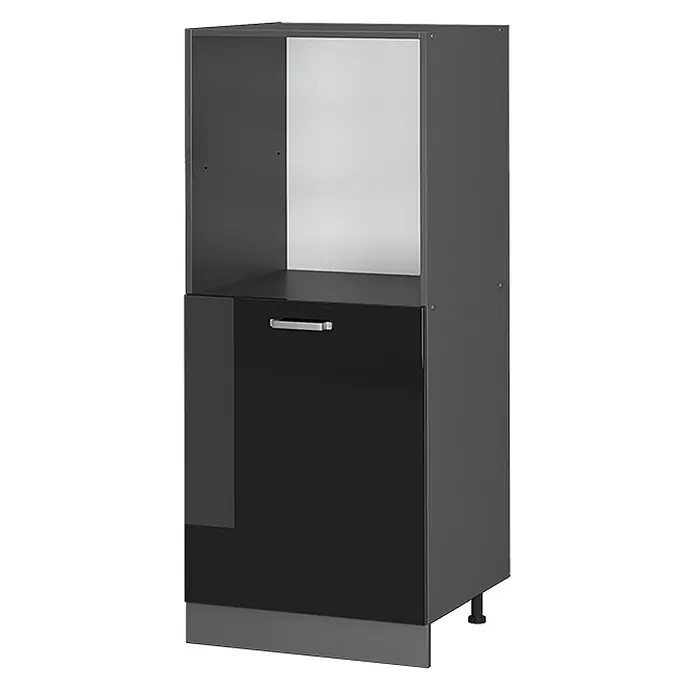 Vicco Schrankküche R-Line Schwarz Hochglanz - Schwarz Hochglanz, Backofenumbauschrank 60 cm (halb) - Dunkelgrauer Hochschrank mit schwarzer Hochglanztür, silbernem Griff und offenem Fach für Einbaugeräte.