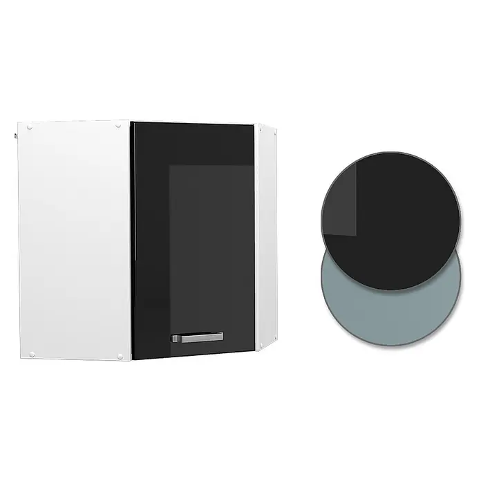 Vicco Schrankküche R-Line Schwarz Hochglanz - Schwarz Hochglanz, Eckhängeschrank 57 cm - Weißer Eck-Hängeschrank mit hochglänzender schwarzer Tür und silbernem Griff.