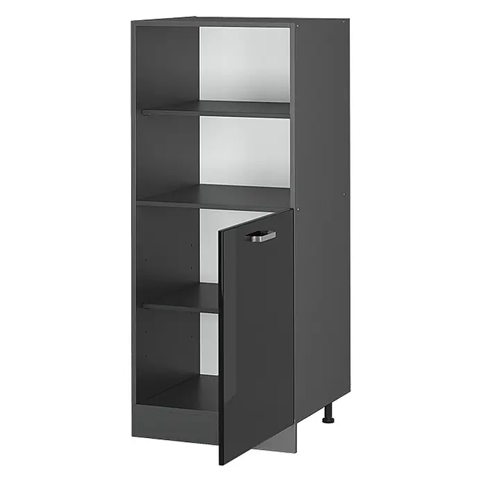Vicco Schrankküche R-Line Schwarz Hochglanz - Schwarz Hochglanz, Backofenumbauschrank 60 cm (halb) - Dunkelgrauer Schrank mit offenen Fächern, glänzender Tür, silbernem Griff und hellerem Innenraum.