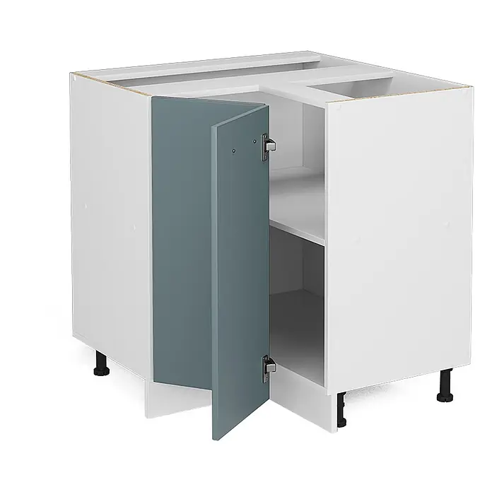 Vicco Schrankküche R-Line Blau-Grau, AP Anthrazit - Blau-Grau, Eckunterschrank, AP Anthrazit - Weißer Kücheneckunterschrank mit teilweise geöffneter grau-blauer Tür, Einlegeböden und verstellbaren Füßen.