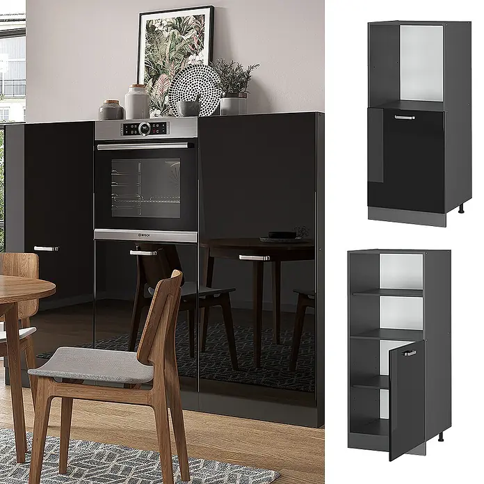 Vicco Schrankküche R-Line Schwarz Hochglanz - Schwarz Hochglanz, Backofenumbauschrank 60 cm (halb) - Moderne Küche mit hochglänzenden schwarzen Schränken und integriertem Backofen.
