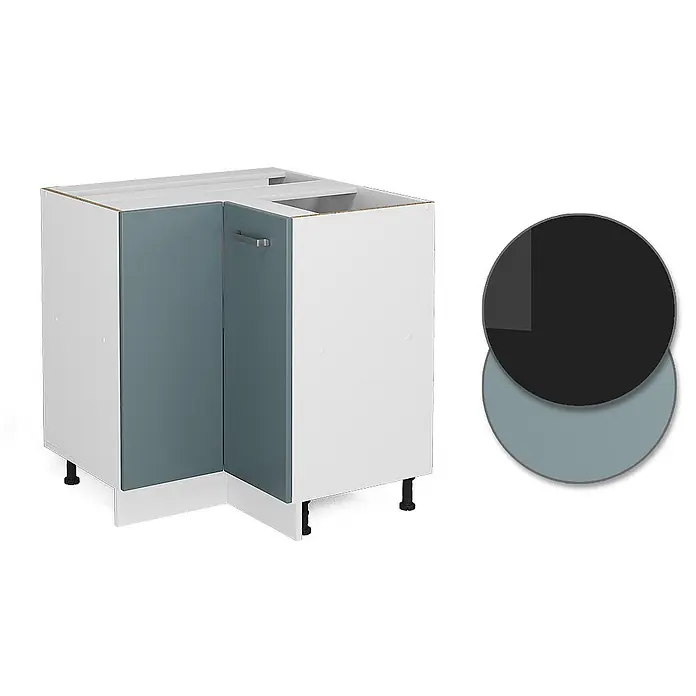 Vicco Schrankküche R-Line Blau-Grau, AP Anthrazit - Blau-Grau, Eckunterschrank, AP Anthrazit - Weißer Kücheneckschrank mit blaugrauer Tür, Griff und Farbmustern in passendem Blaugrau und Dunkelgrau.