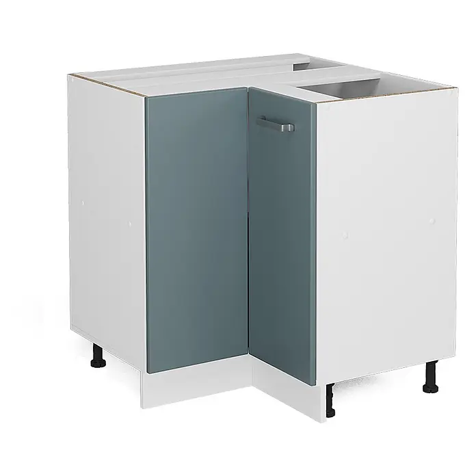 Vicco Schrankküche R-Line Blau-Grau ohne Arbeitsplatte - Blau-Grau, Eckunterschrank - Weißer Kücheneckunterschrank mit graublauer Tür, auf verstellbaren Füßen montiert.