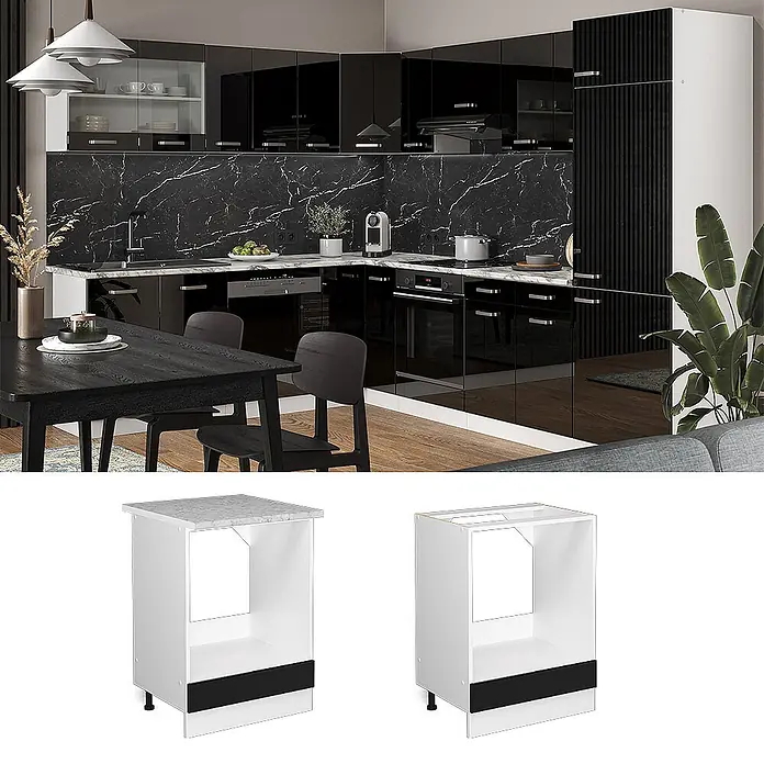 Vicco Herdumbauschrank R-Line, Schwarz Hochglanz, 60 cm -  - Moderne schwarze Küche mit Hochglanzschränken, Marmor-Spritzschutz und Essbereich. Daneben weiße Unterschränke für Einbaugeräte, einer mit Marmorplatte.