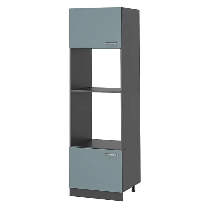 Vicco Schrankküche R-Line Blau-Grau - Blau-Grau, Mikrowellenschrank - Hoher dunkelgrauer Küchenschrank mit zwei hellblau-grauen Türen und zwei offenen Mittelfächern, mit silbernen Griffen.