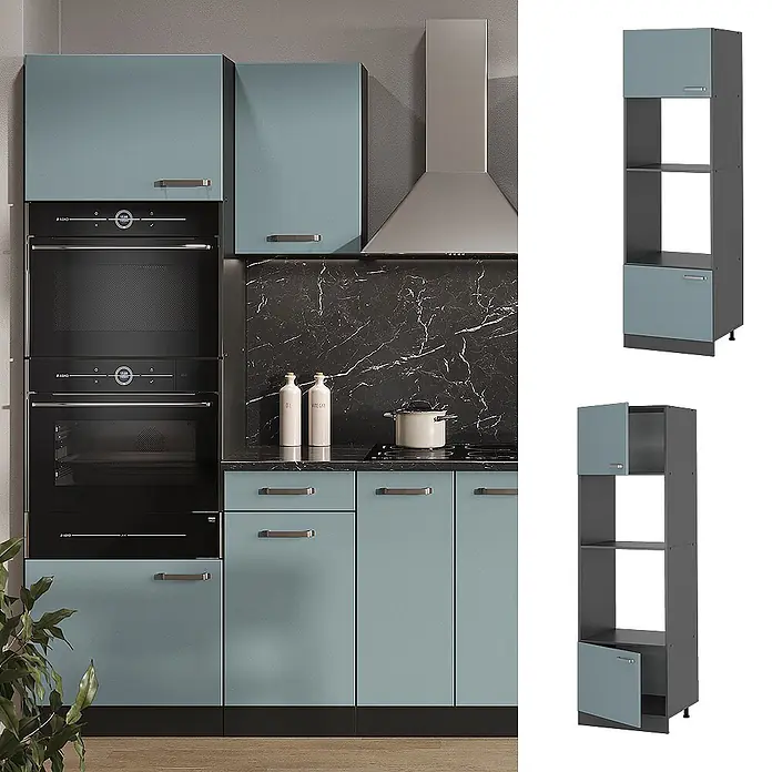 Vicco Schrankküche R-Line Blau-Grau - Blau-Grau, Mikrowellenschrank - Moderne blau-graue modulare Küchenschränke mit integriertem Backofenumbau und Stauraum.