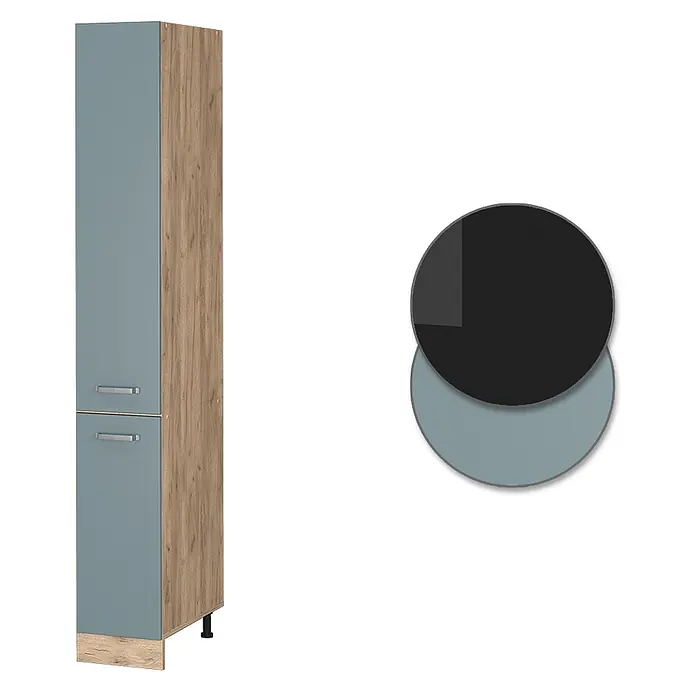 Vicco Schrankküche R-Line Blau-Grau - Blau-Grau, Apothekerhochschrank 30 cm - Hoher Schrank mit hellblau-grauen Türen und Holzmaserung, dazu passende Farbmuster.