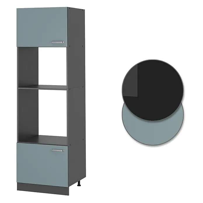 Vicco Schrankküche R-Line Blau-Grau - Blau-Grau, Mikrowellenschrank - Hoher grauer Schrank mit zwei hellblau-grauen Flügeltüren (oben und unten) und zwei offenen Regalböden in der Mitte zur vielseitigen Aufbewahrung.