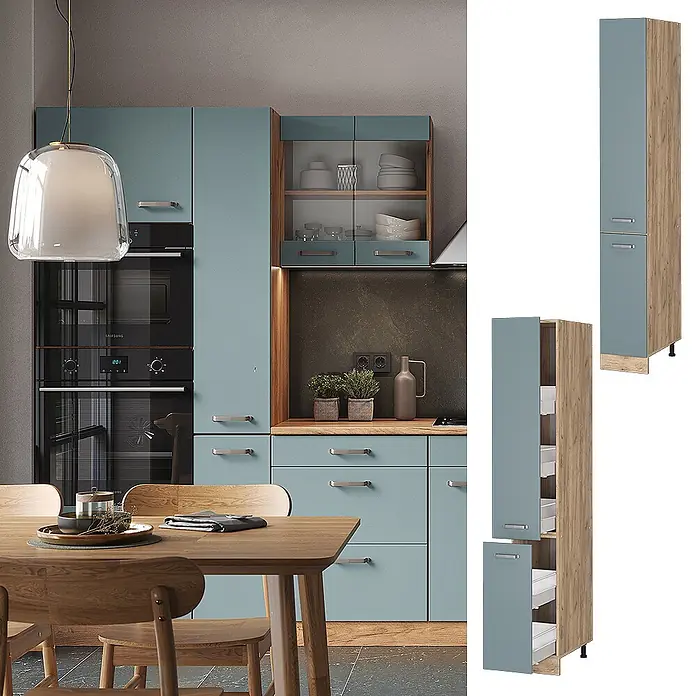 Vicco Schrankküche R-Line Blau-Grau - Blau-Grau, Apothekerhochschrank 30 cm - Moderne blaugraue Küche mit Holzdetails, Einbaugeräten und hohen ausziehbaren Vorratsschränken.