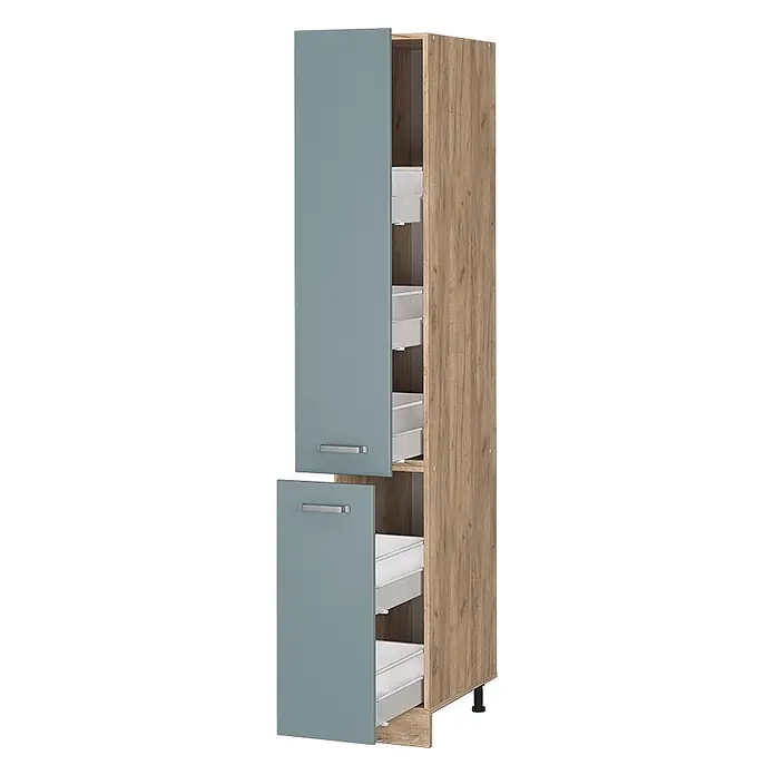 Vicco Schrankküche R-Line Blau-Grau - Blau-Grau, Apothekerhochschrank 30 cm - Hoher Küchenschrank mit heller Holzoptik, petrolfarbenen Türen und fünf weißen Auszügen. Obere Tür angelehnt, untere offen.