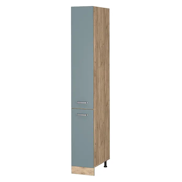 Vicco Schrankküche R-Line Blau-Grau - Blau-Grau, Apothekerhochschrank 30 cm - Hoher zweitüriger Schrank mit hellblauen Fronten und Holzoptik-Korpus, mit silbernen Griffen und verstellbaren Füßen.