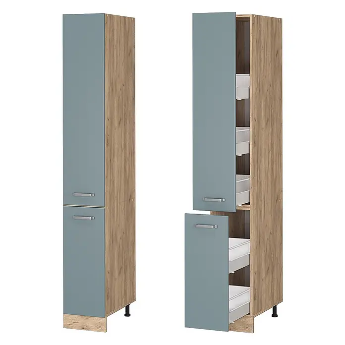 Vicco Schrankküche R-Line Blau-Grau - Blau-Grau, Apothekerhochschrank 30 cm - Hoher Vorratsschrank mit hellblaugrauen Türen und Holzrahmen. Rechte Seite offen mit Auszügen.