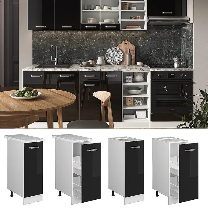 Vicco Schrankküche R-Line Schwarz Hochglanz, AP Anthrazit - Schwarz Hochglanz, Apothekerunterschrank 30 cm, AP Anthrazit - Schmaler Küchenunterschrank mit glänzend schwarzer Tür, weißem Korpus und Marmorplatte, in einer Küche und mit Auszugregalen gezeigt.