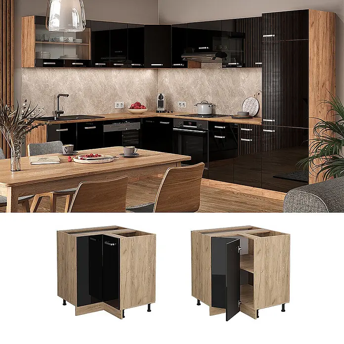 Vicco Schrankküche R-Line Schwarz Hochglanz, AP Eiche - Schwarz Hochglanz, Eckunterschrank, AP Eiche - Moderne Küche mit schwarz glänzenden Schränken und Holzdetails, die einen Eckunterschrank mit Regalen zeigt.