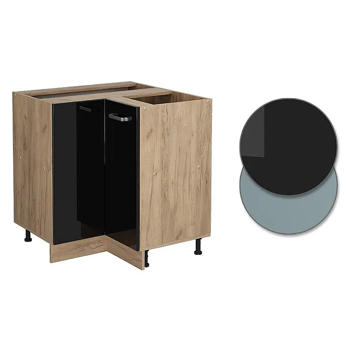 Vicco Schrankküche R-Line Schwarz Hochglanz, AP Eiche - Schwarz Hochglanz, Eckunterschrank, AP Eiche - Küchen-Eckunterschrank mit Holzdekor-Korpus und schwarzen Hochglanztüren.