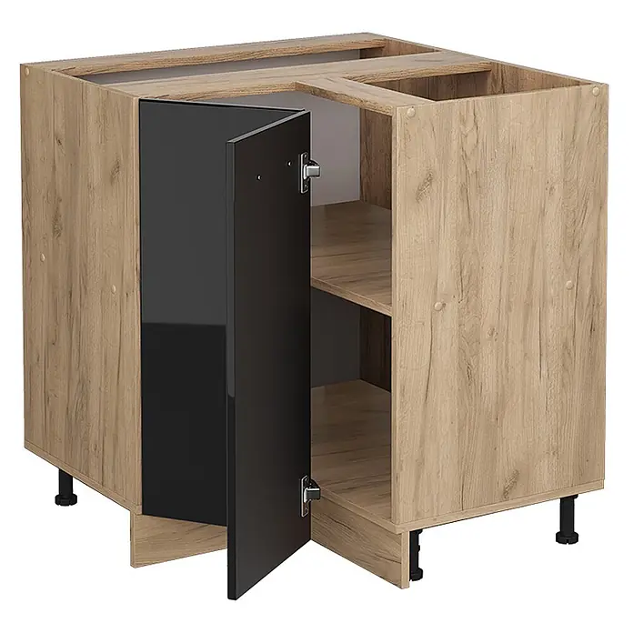 Vicco Schrankküche R-Line Schwarz Hochglanz, AP Eiche - Schwarz Hochglanz, Eckunterschrank, AP Eiche - Eckunterschrank für Küche aus hellem Holz mit schwarzer Hochglanztür, offen, mit zwei Einlegeböden und verstellbaren Füßen.