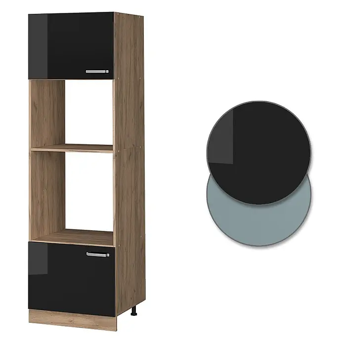 Vicco Mikrowellenschrank R-Line, Schwarz Hochglanz, 60 cm -  - Hoher Küchenschrank in heller Holzoptik mit glänzend schwarzer Oberklappe und Unterschublade, mit offenen Mittelregalen.
