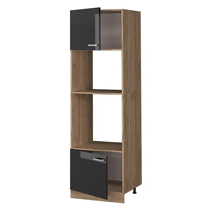 Vicco Mikrowellenschrank R-Line, Schwarz Hochglanz, 60 cm -  - Hoher Schrank in Holzoptik mit schwarzen Hochglanztüren oben und unten sowie offenen Fächern.