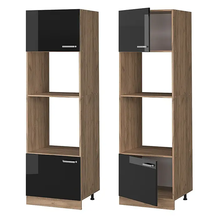 Vicco Mikrowellenschrank R-Line, Schwarz Hochglanz, 60 cm -  - Hoher Stauraumschrank in Holzoptik mit schwarzen Hochglanztüren und offenen Fächern, geschlossen und offen dargestellt.
