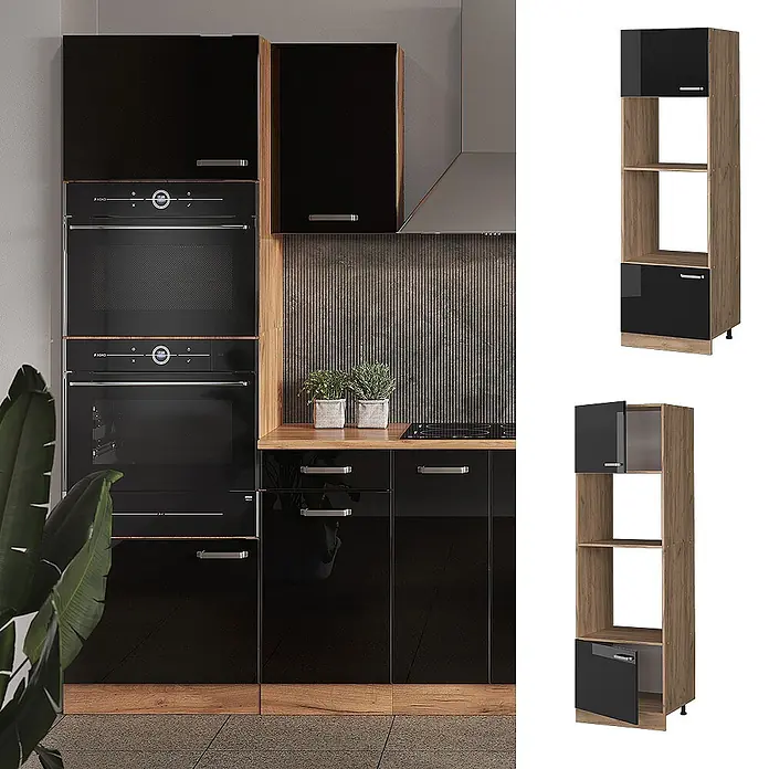 Vicco Mikrowellenschrank R-Line, Schwarz Hochglanz, 60 cm -  - Hoher Küchenschrank mit schwarzen Hochglanztüren und Holzdekor-Korpus, für integrierte Backöfen.