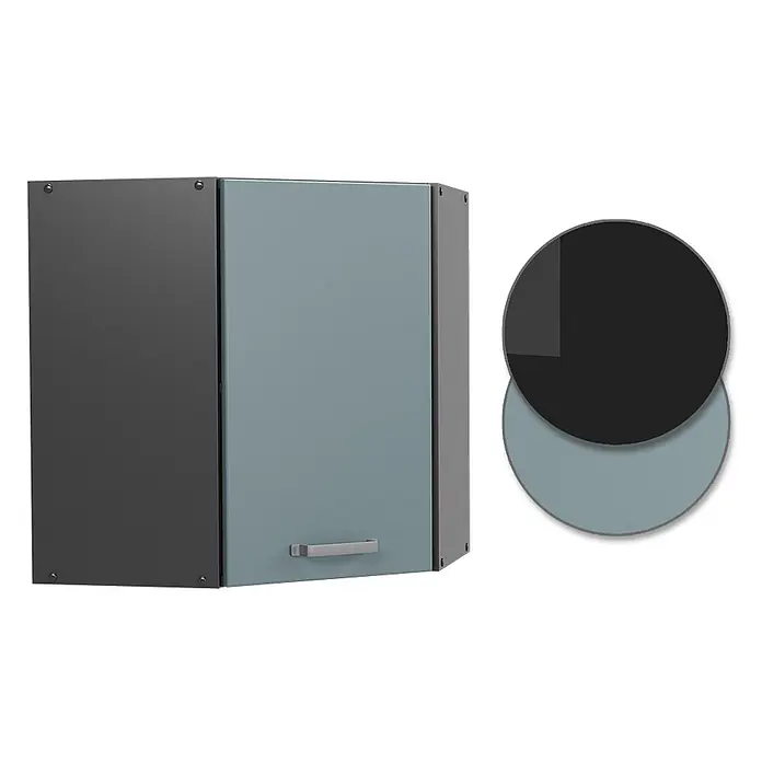 Vicco Schrankküche R-Line Blau-Grau - Blau-Grau, Eckhängeschrank - Zweifarbiger Wandschrank mit dunkelgrauer Seite und blaugrauer Tür, mit silbernem Griff.