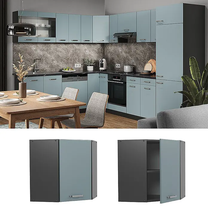 Vicco Schrankküche R-Line Blau-Grau - Blau-Grau, Eckhängeschrank - Moderne hellblaue Küchenschränke mit dunkelgrauen Akzenten, inklusive funktionalem Eckhängeschrank mit Regalböden.