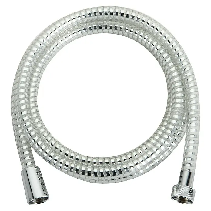 Mixomat Brauseschlauch Kimmler - Länge: 150 cm, ½″, PVC, Silber - Nahaufnahme eines flexiblen, verchromten Brauseschlauchs mit gerippter Oberfläche und Armaturen an beiden Enden.