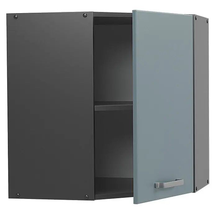 Vicco Schrankküche R-Line Blau-Grau - Blau-Grau, Eckhängeschrank - Zweifarbiger Eck-Hängeschrank mit dunkelgrauem Paneel und teilweise geöffneter blau-grauer Tür, die ein Regal zeigt.