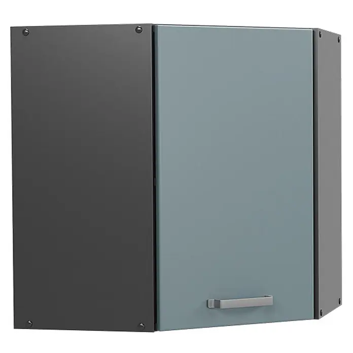 Vicco Schrankküche R-Line Blau-Grau - Blau-Grau, Eckhängeschrank - Metall-Hängeschrank in Hellblau und Dunkelgrau mit silbernem Griff.
