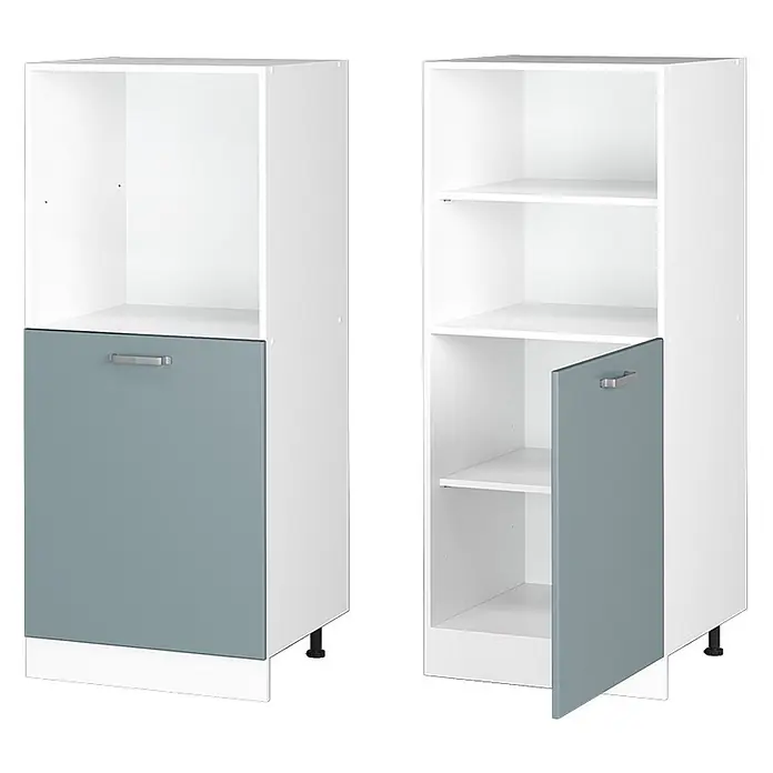 Vicco Schrankküche R-Line Blau-Grau - Blau-Grau, Backofenumbauschrank 60 cm (halb) - Zwei weiße Modulschränke mit graublauen Türfronten und offenen Regalböden, in geschlossener und geöffneter Ansicht.
