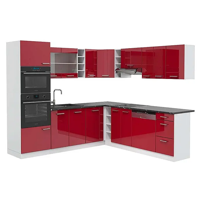 Vicco Eckküche R-Line Rot Hochglanz/Weiß, AP Anthrazit - B x T: 247 x 60 cm, Rot Hochglanz, Ohne Elektrogeräte - Moderne L-förmige Küche mit glänzend roten Schränken, weißen Akzenten, Einbaugeräten (Öfen, Spüle, Kochfeld, Geschirrspüler) und dunkler Arbeitsplatte.