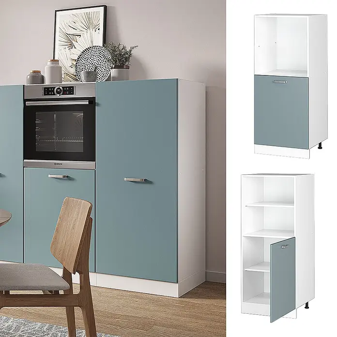 Vicco Schrankküche R-Line Blau-Grau - Blau-Grau, Backofenumbauschrank 60 cm (halb) - Weiße Küchenschränke mit blau-grauen Türen, inklusive Backofenschrank, in einer modernen Küche.