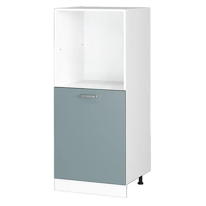 Vicco Schrankküche R-Line Blau-Grau - Blau-Grau, Backofenumbauschrank 60 cm (halb) - Weißer hoher Küchenschrank mit offenem Oberfach und einer hellblau-grauen Bodentür mit silbernem Griff.